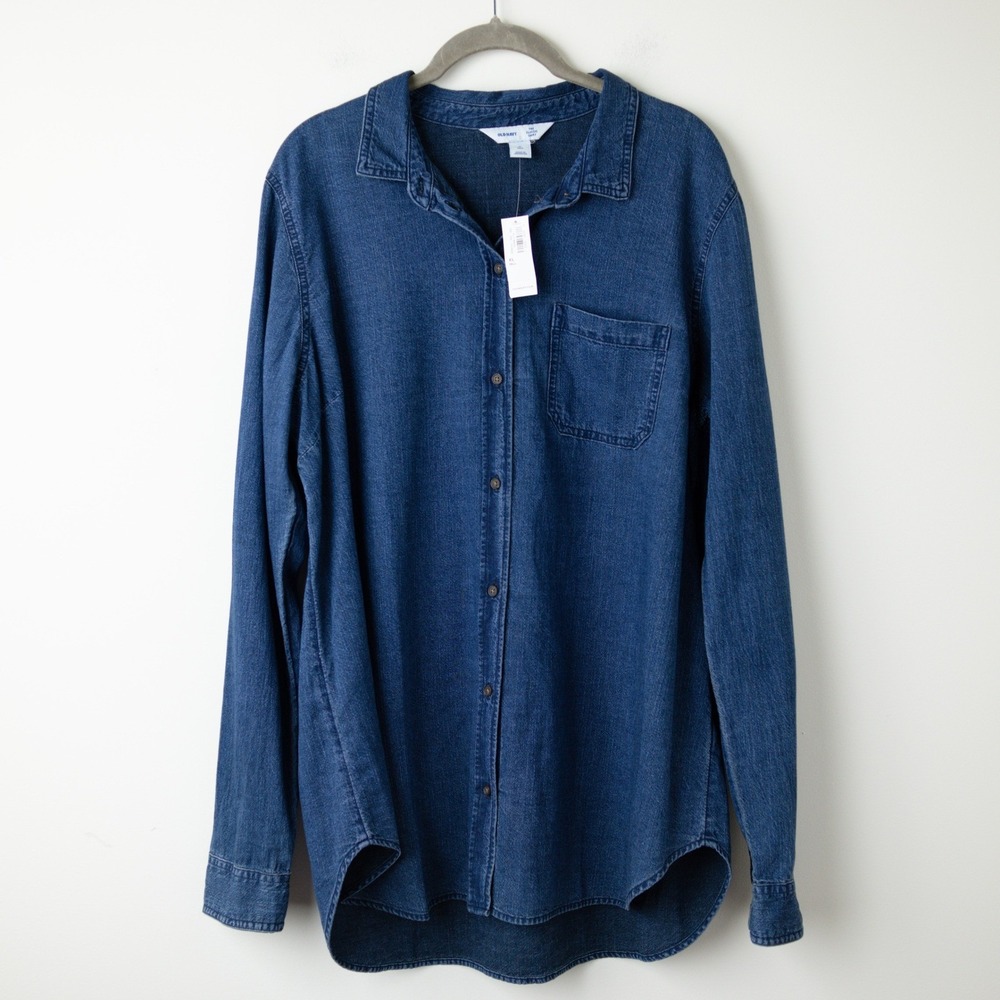 Old Navy 100% Cotton Denim The Classic Shirt Women XL TALL Dark Wash Blue Jean